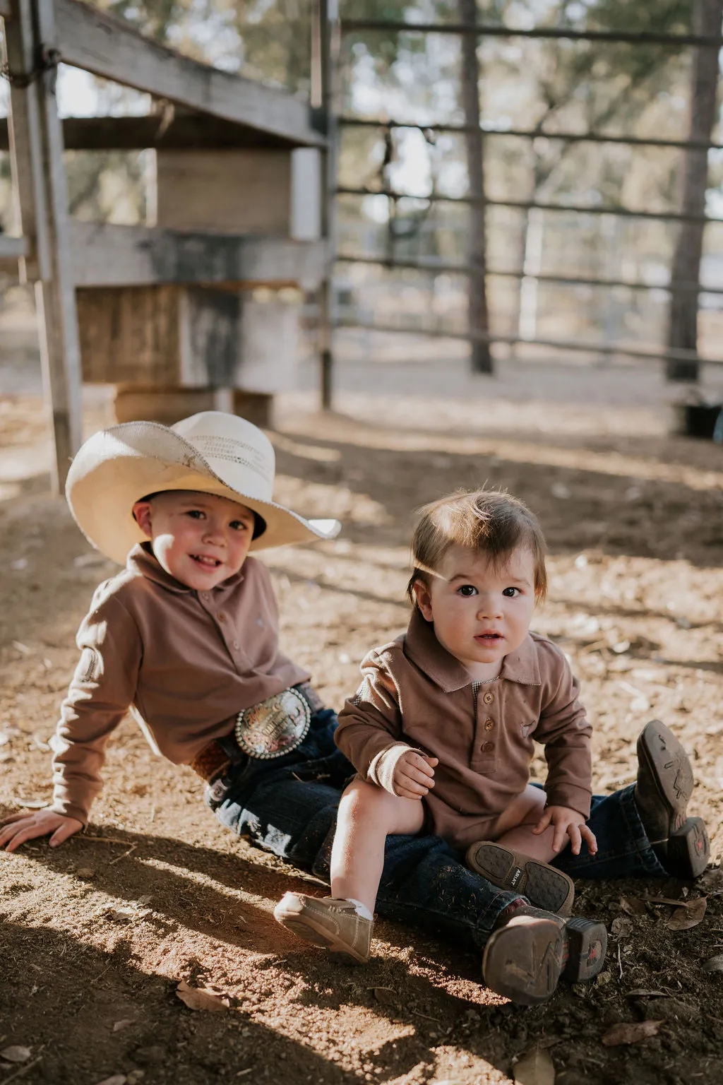 "Barker Baby" Dessert Brown Contrast Long Sleeve Baby Polo Romper