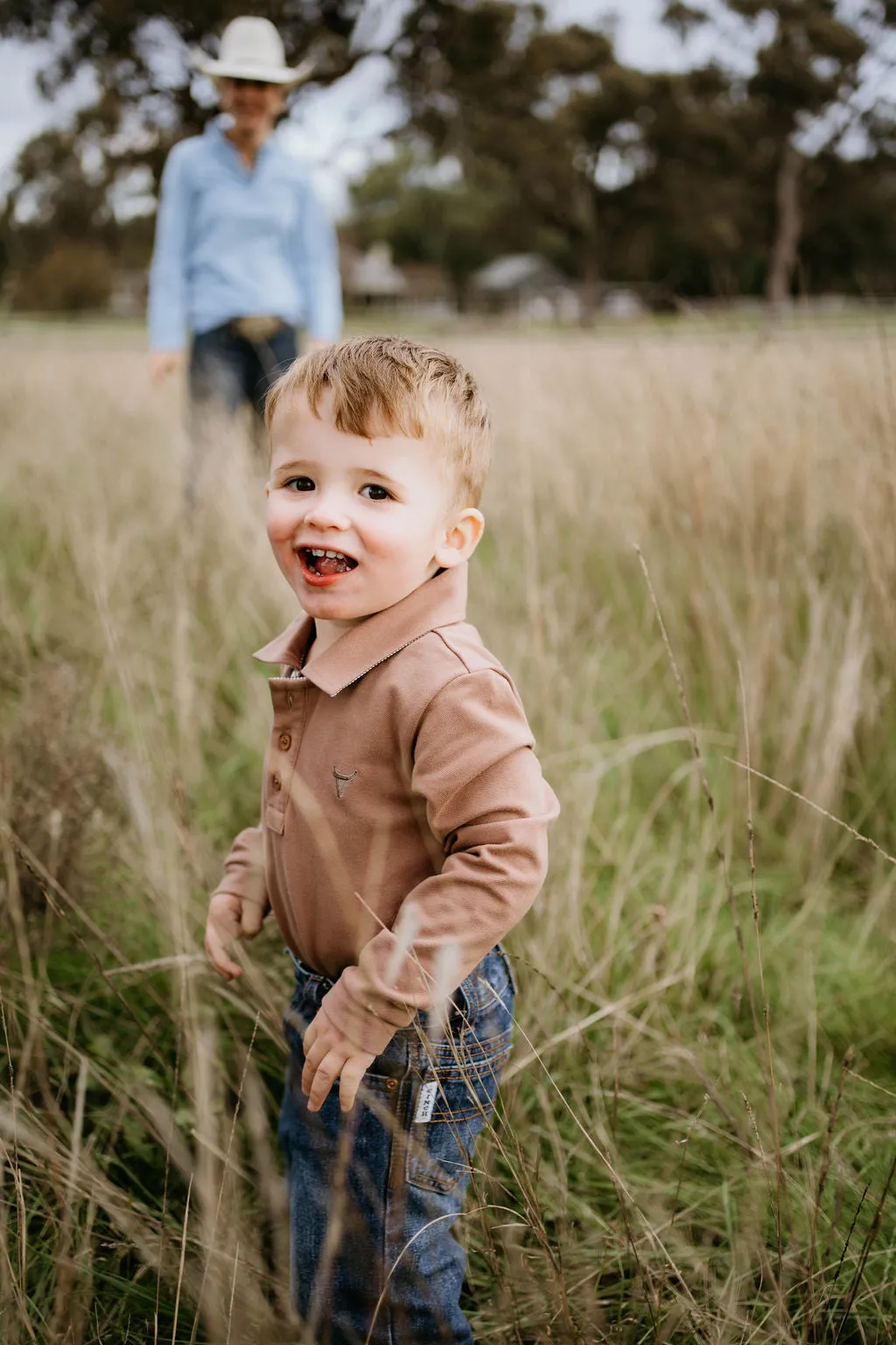 "Barker Baby" Dessert Brown Contrast Long Sleeve Baby Polo Romper