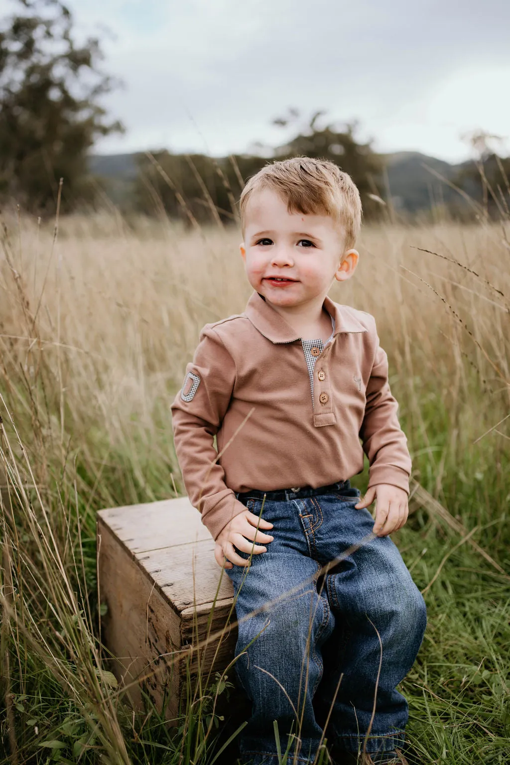 "Barker Baby" Dessert Brown Contrast Long Sleeve Baby Polo Romper