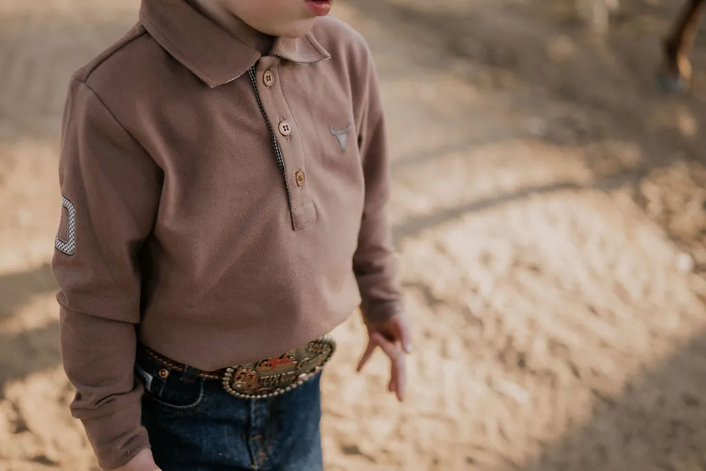 "Barker Baby" Dessert Brown Contrast Long Sleeve Baby Polo Romper