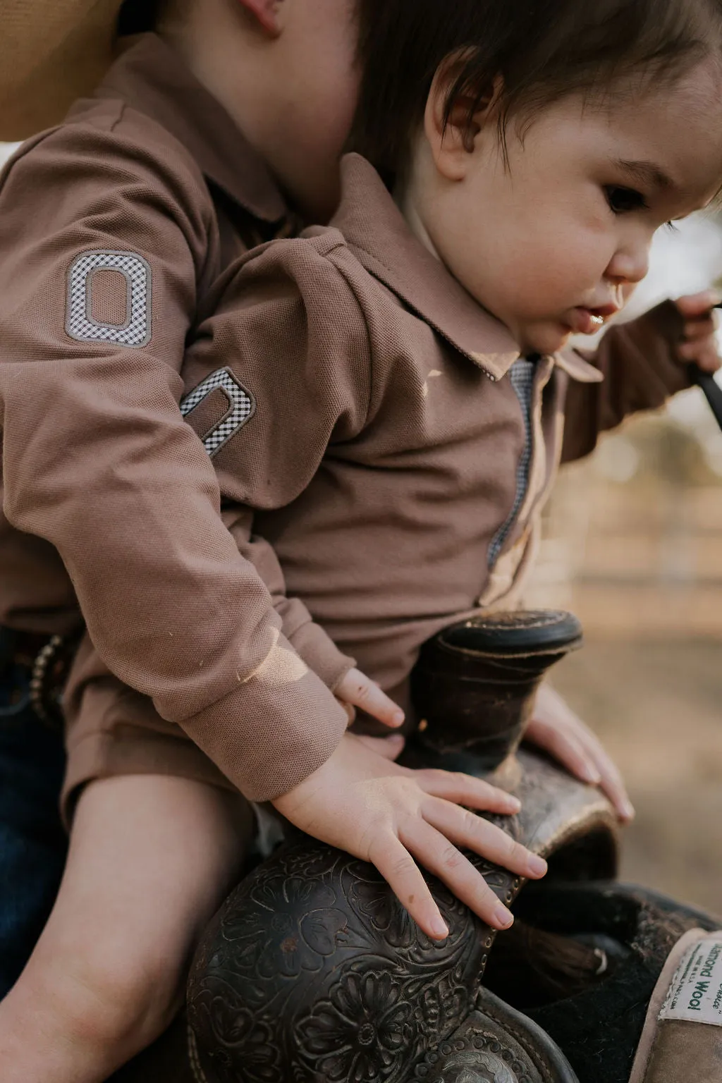 "Barker Baby" Dessert Brown Contrast Long Sleeve Baby Polo Romper