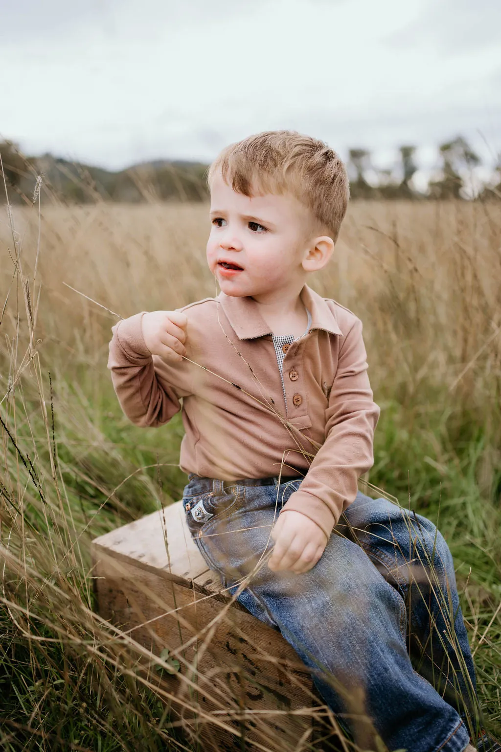 "Barker Baby" Dessert Brown Contrast Long Sleeve Baby Polo Romper