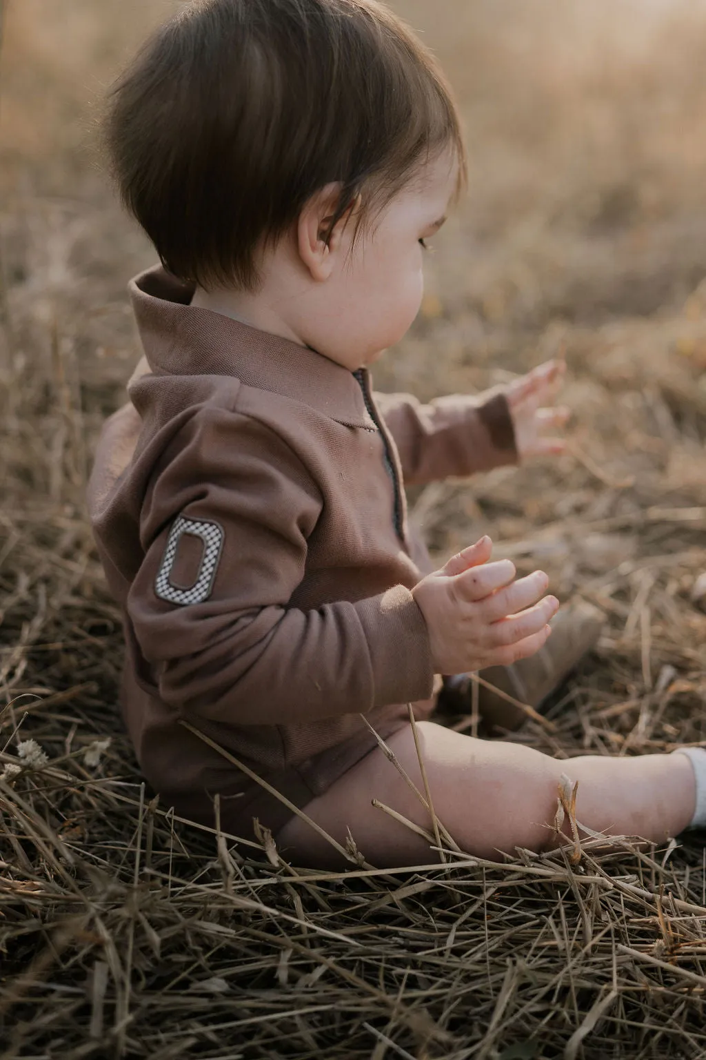 "Barker Baby" Dessert Brown Contrast Long Sleeve Baby Polo Romper