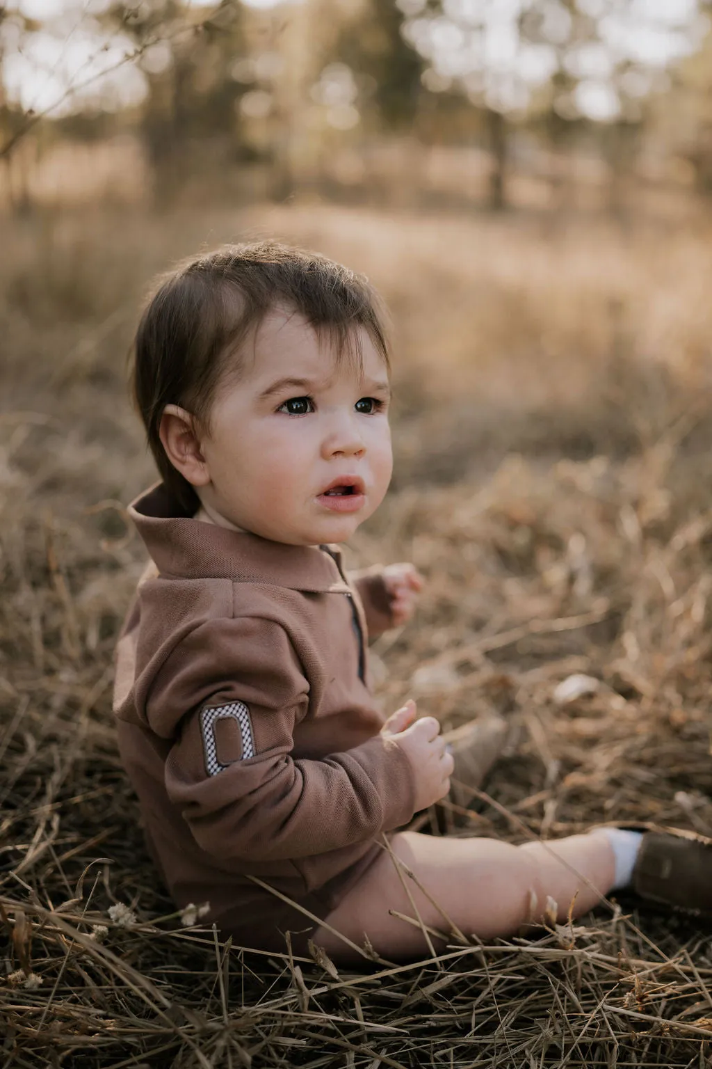 "Barker Baby" Dessert Brown Contrast Long Sleeve Baby Polo Romper