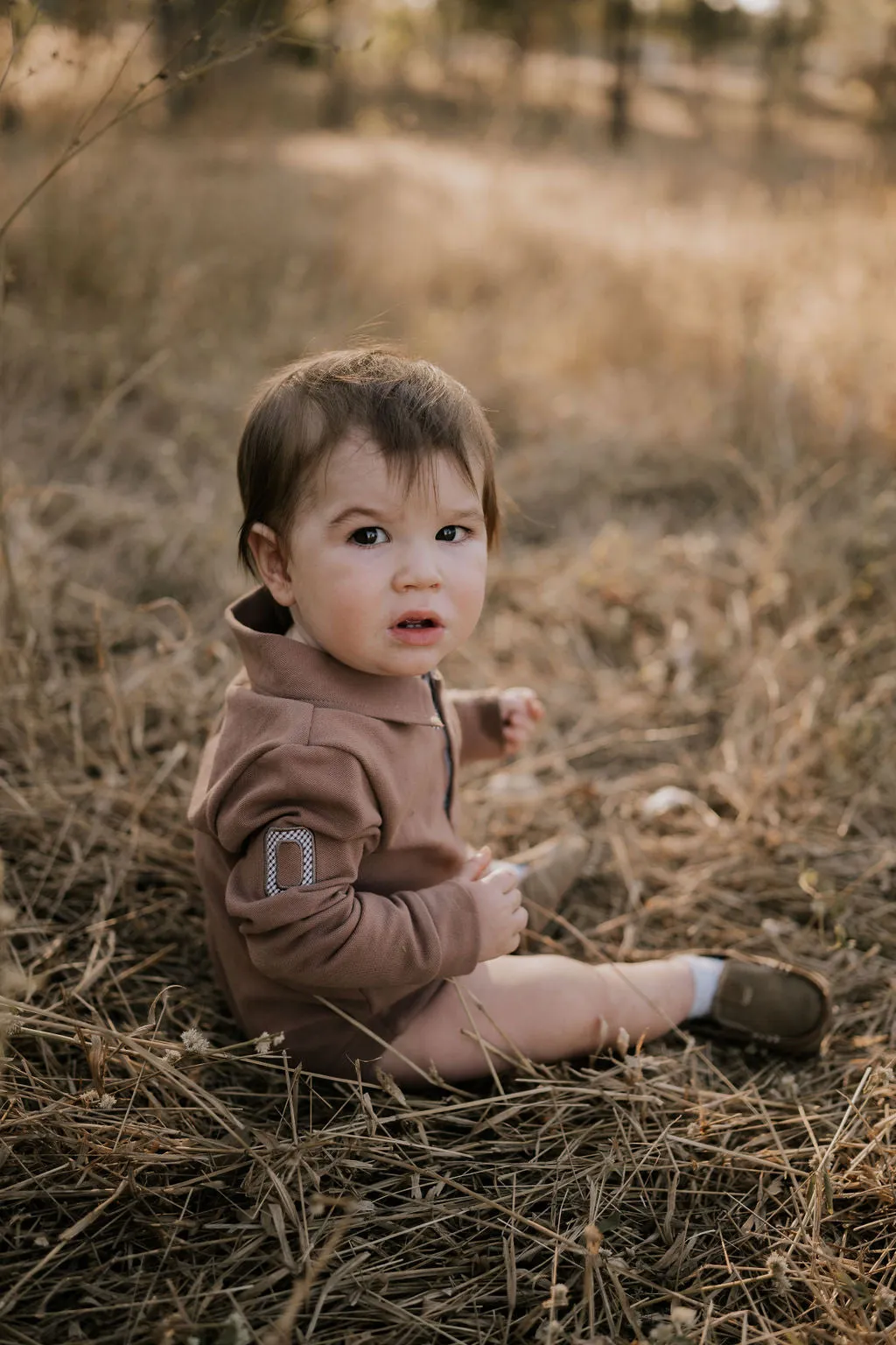 "Barker Baby" Dessert Brown Contrast Long Sleeve Baby Polo Romper