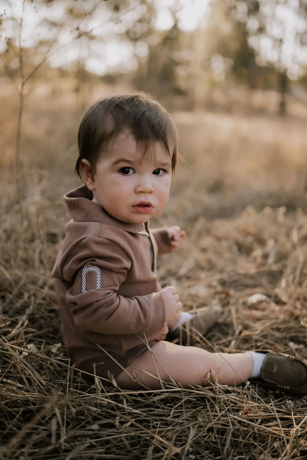 "Barker Baby" Dessert Brown Contrast Long Sleeve Baby Polo Romper