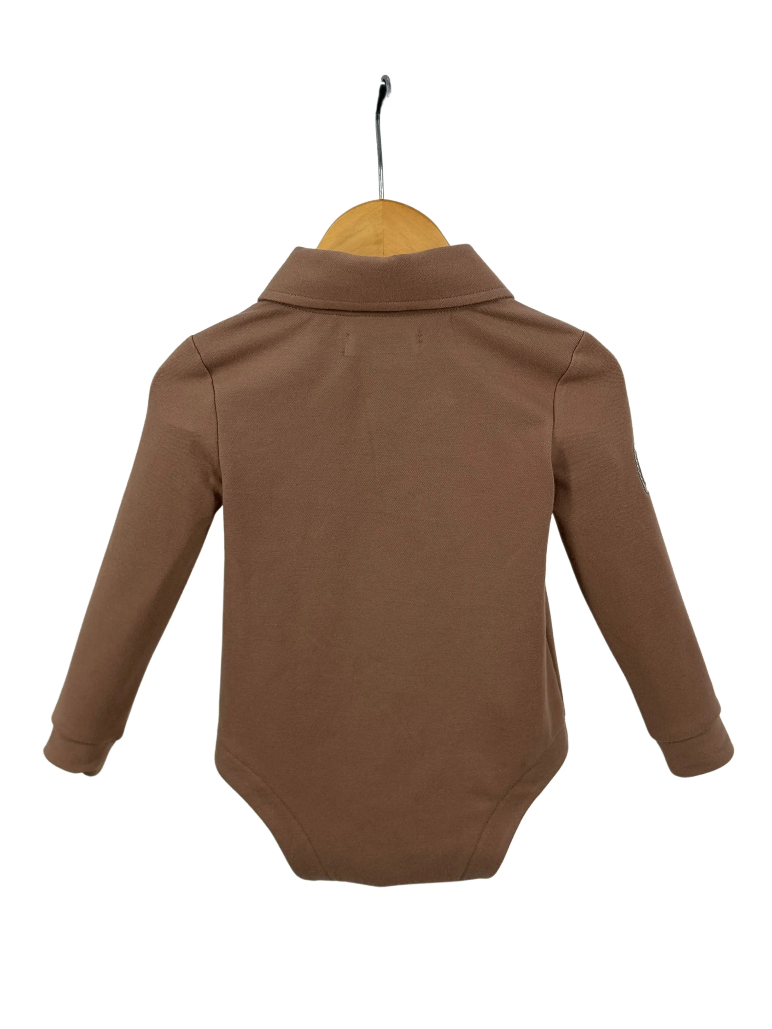 "Barker Baby" Dessert Brown Contrast Long Sleeve Baby Polo Romper