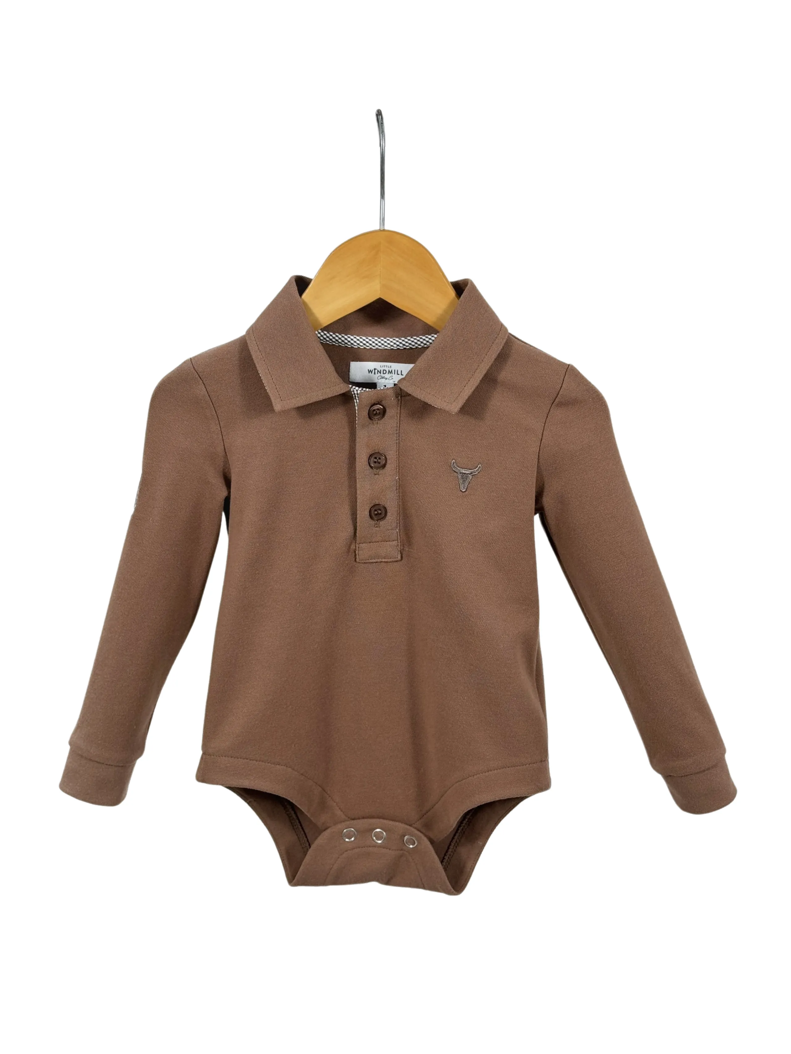 "Barker Baby" Dessert Brown Contrast Long Sleeve Baby Polo Romper