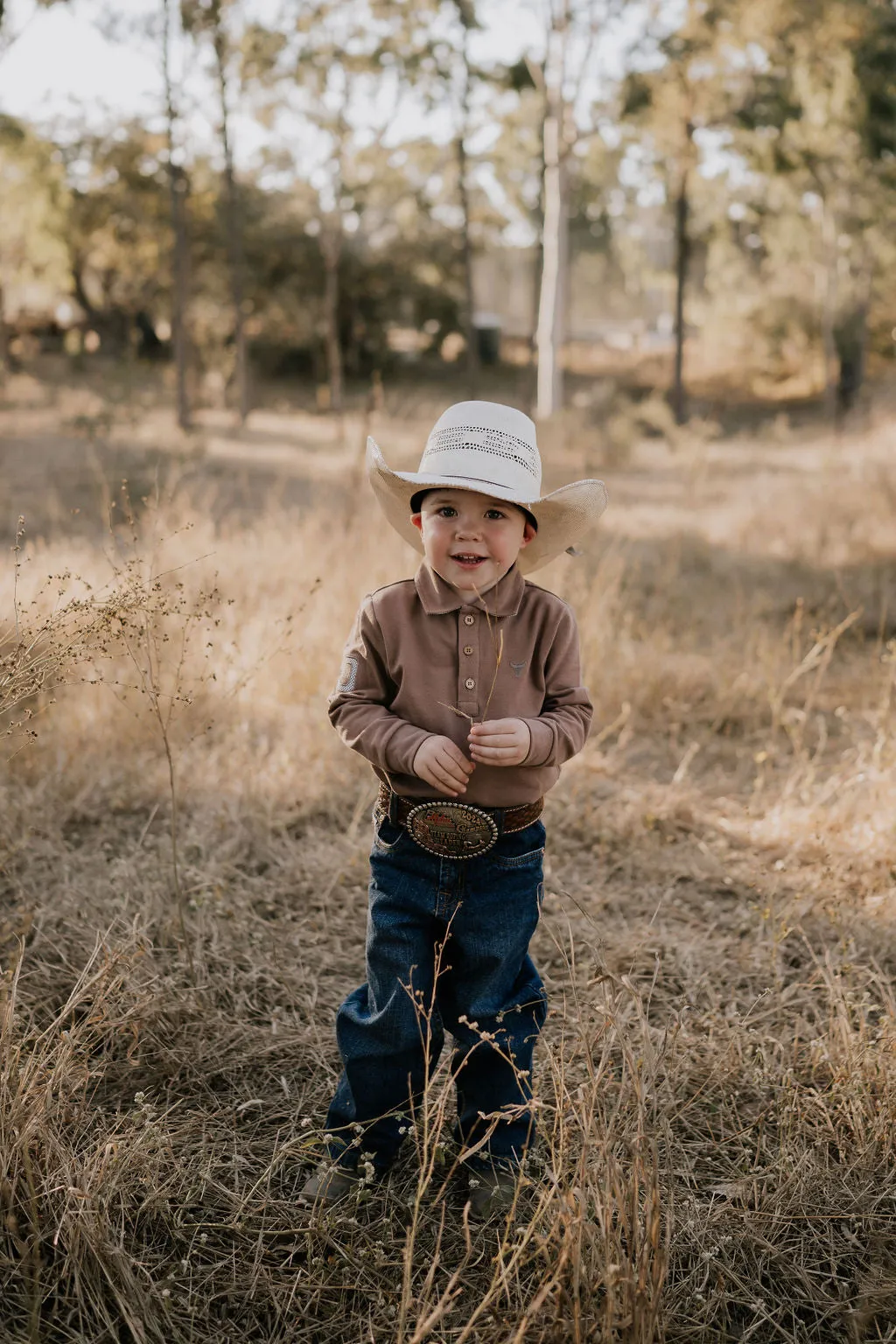 "Barker Baby" Dessert Brown Contrast Long Sleeve Baby Polo Romper