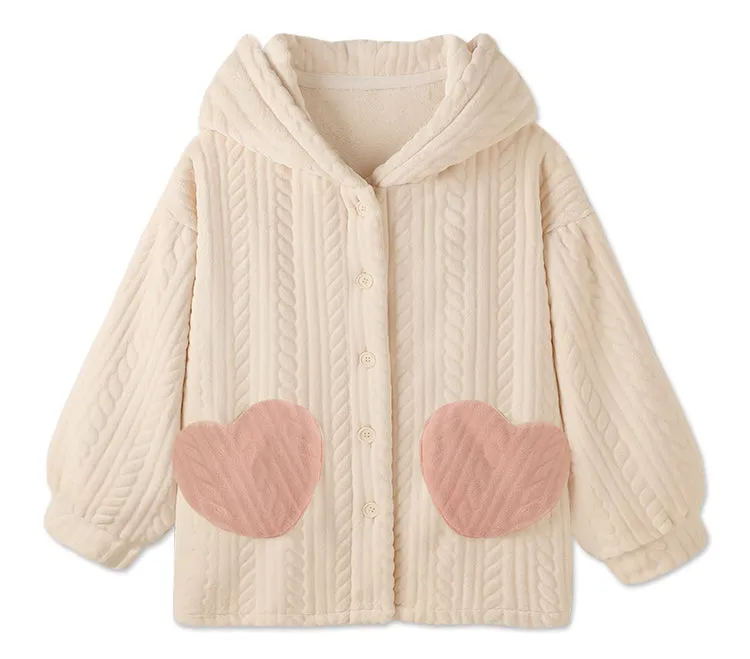 Rabbit Ears White Pink Winter Top & Pants Pajamas Sleepwear Set