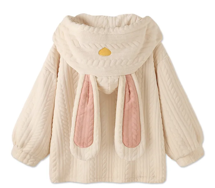Rabbit Ears White Pink Winter Top & Pants Pajamas Sleepwear Set