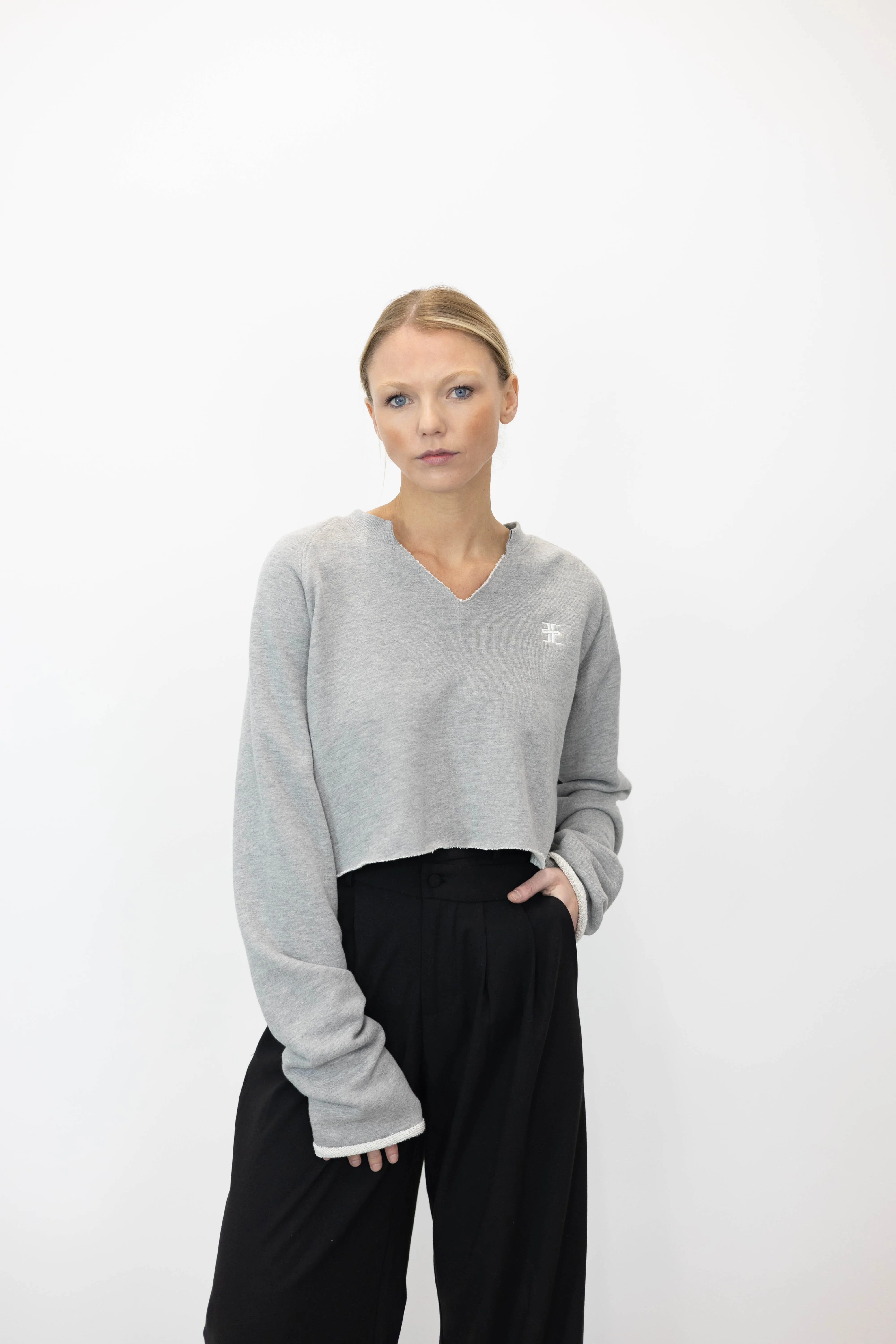 RAGLAN V NECK CROPPED SWEATSHIRT IN GREY