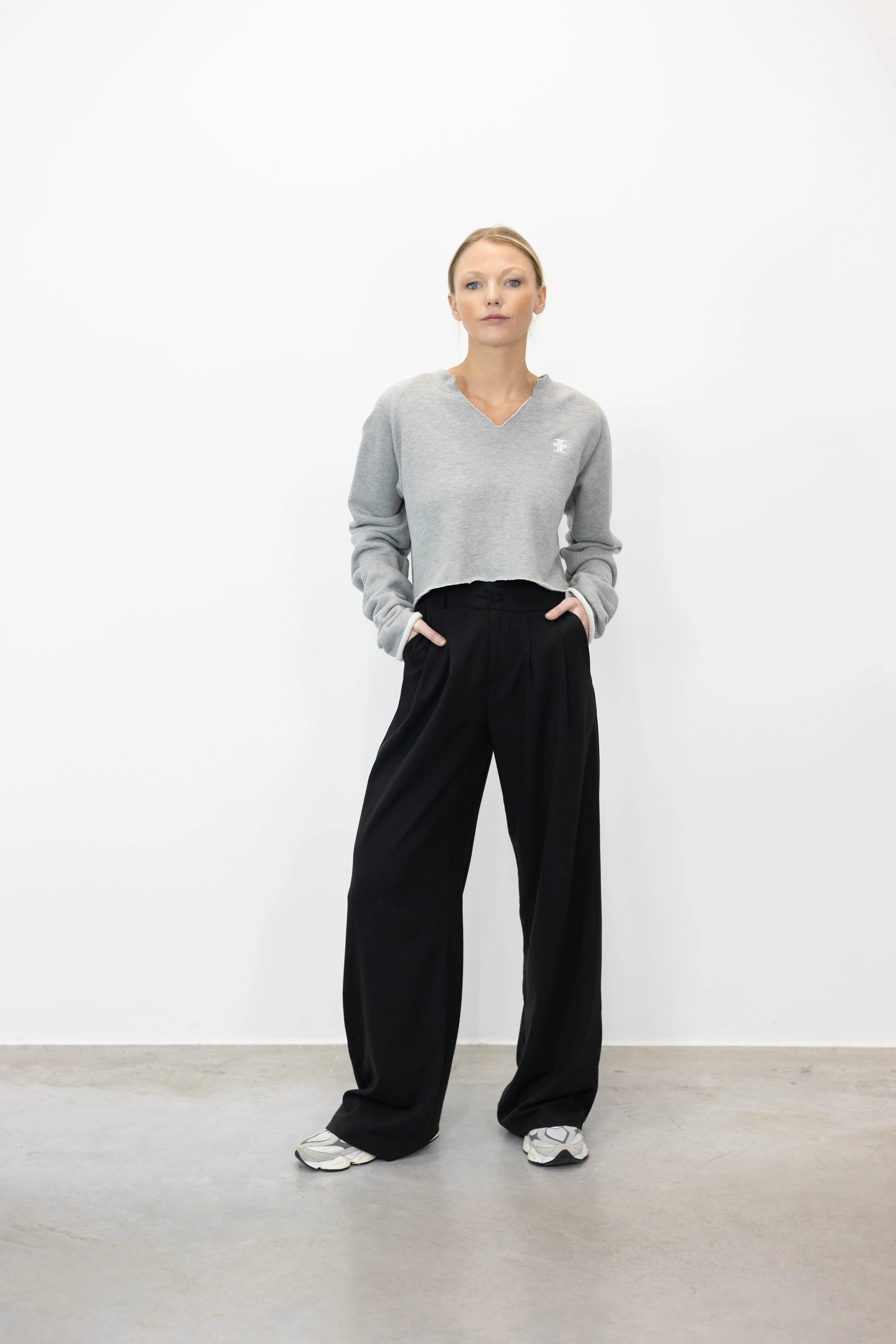 RAGLAN V NECK CROPPED SWEATSHIRT IN GREY