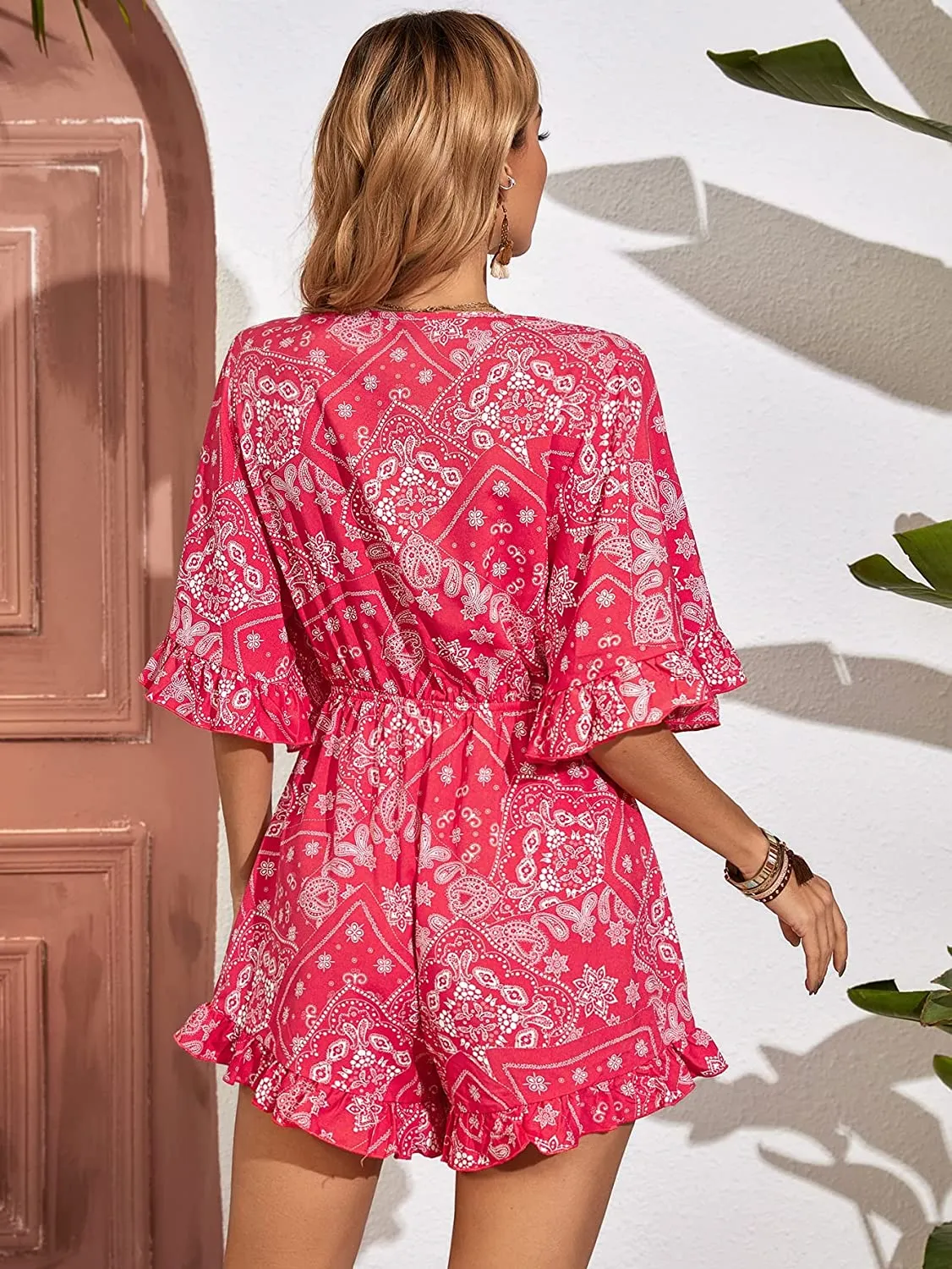 Red Paisley Tie Front Ruffled Shorts Romper