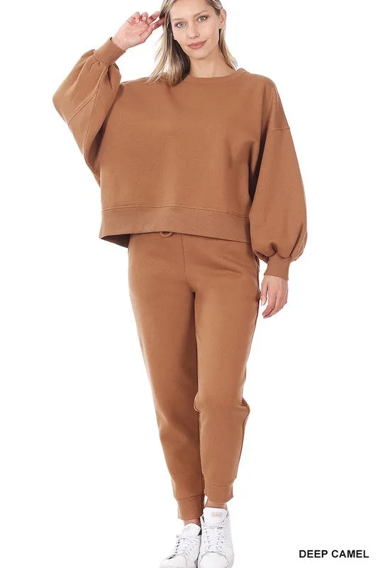 Soft balloon sleeve sweatshirt and pants set