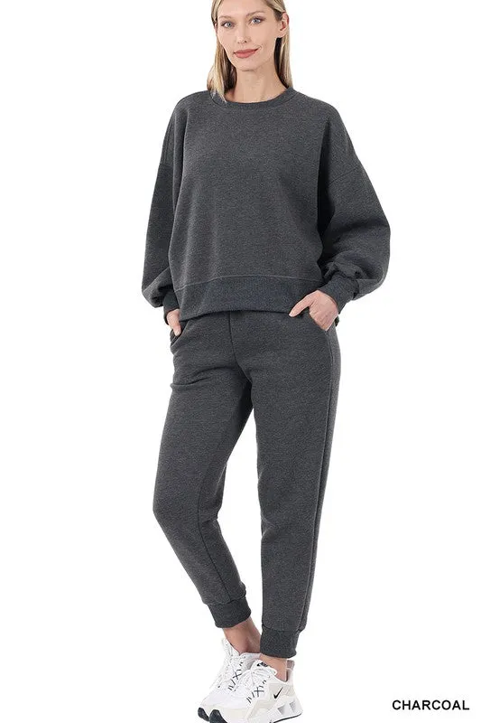 Soft balloon sleeve sweatshirt and pants set