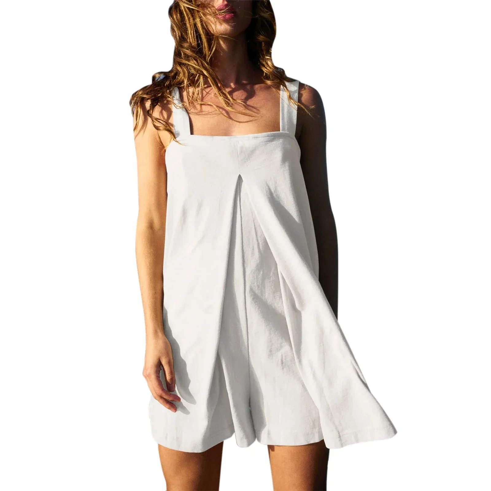 Square Neck Solid Romper - Bib Shorts for Women