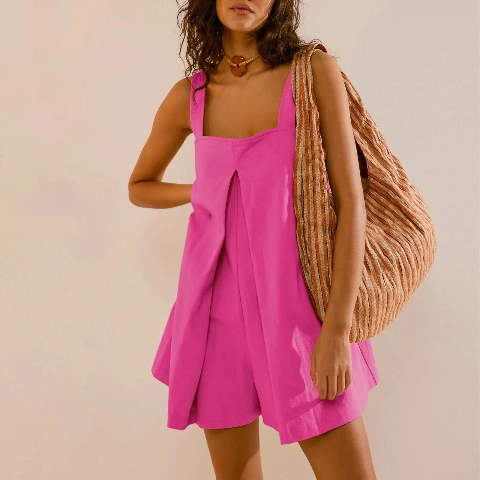 Square Neck Solid Romper - Bib Shorts for Women
