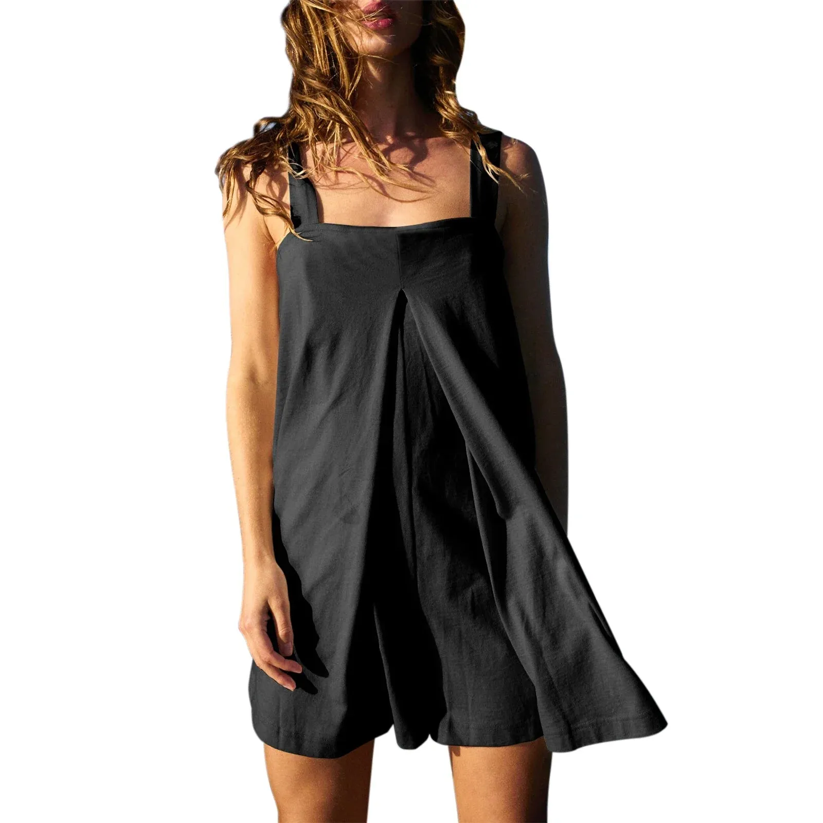 Square Neck Solid Romper - Bib Shorts for Women