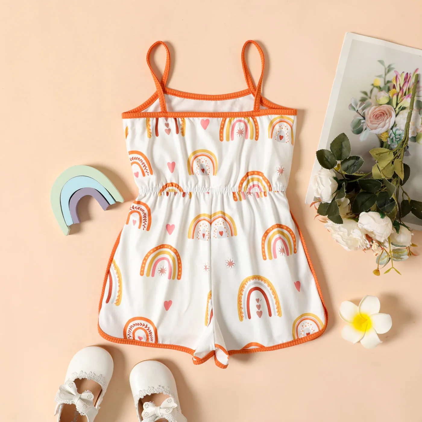 Toddler Girl Rainbow Print Bowknot Design Cami  Romper Jumpsuit Shorts