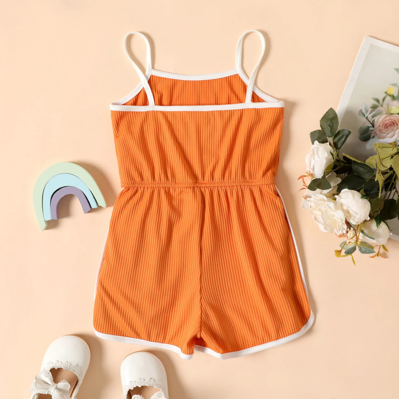 Toddler Girl Rainbow Print Bowknot Design Cami  Romper Jumpsuit Shorts