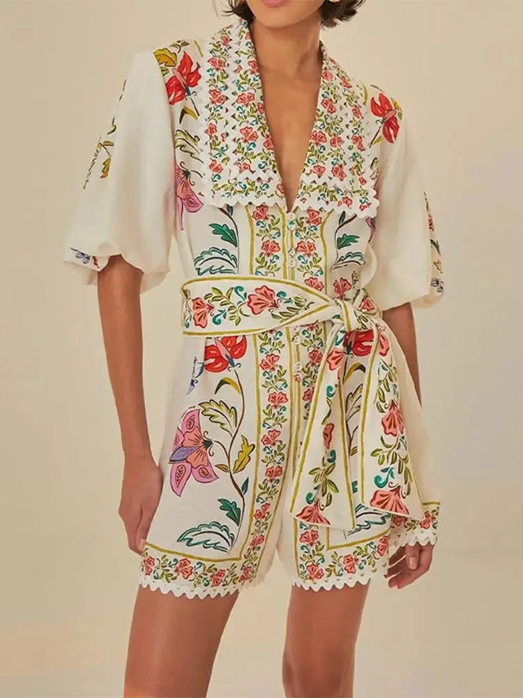 Vibrant Floral Print Lace-up V-neck Puff Short Sleeve Romper