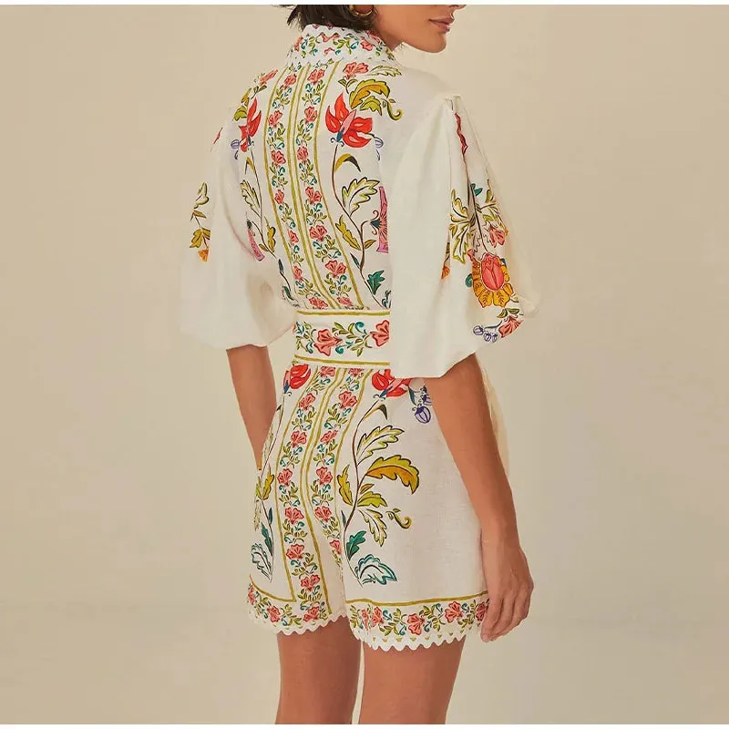 Vibrant Floral Print Lace-up V-neck Puff Short Sleeve Romper