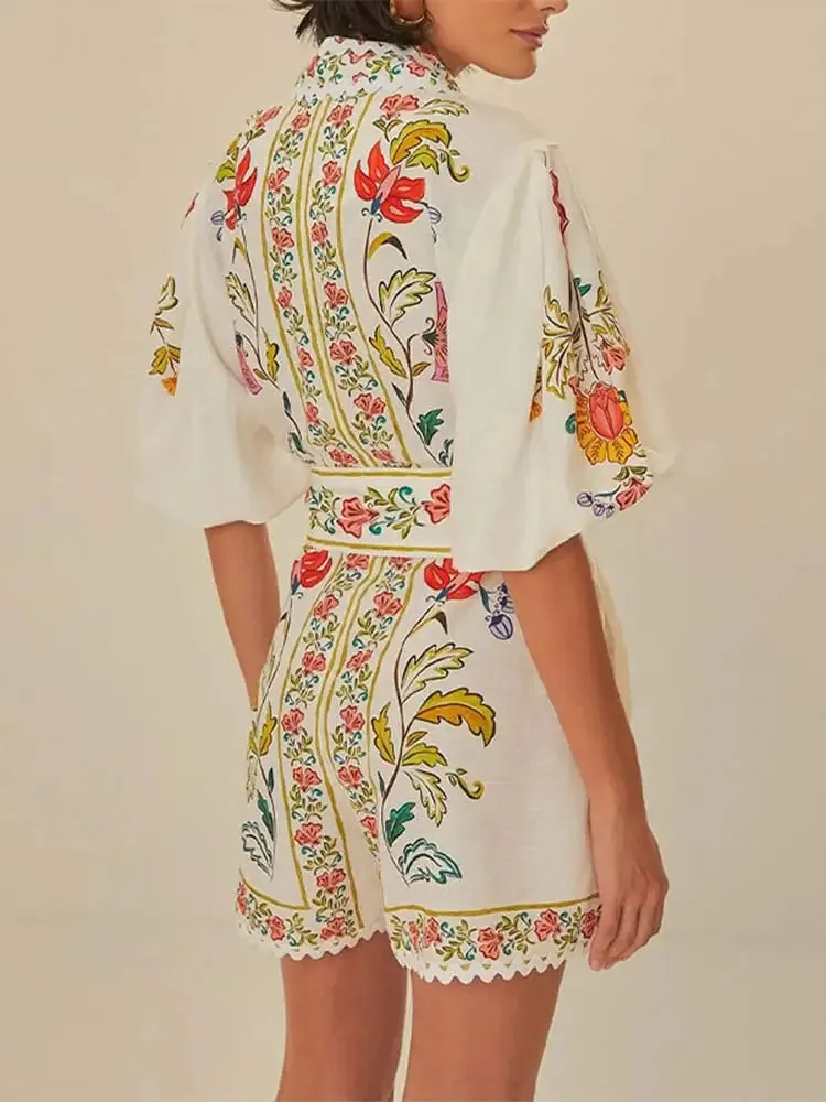 Vibrant Floral Print Lace-up V-neck Puff Short Sleeve Romper