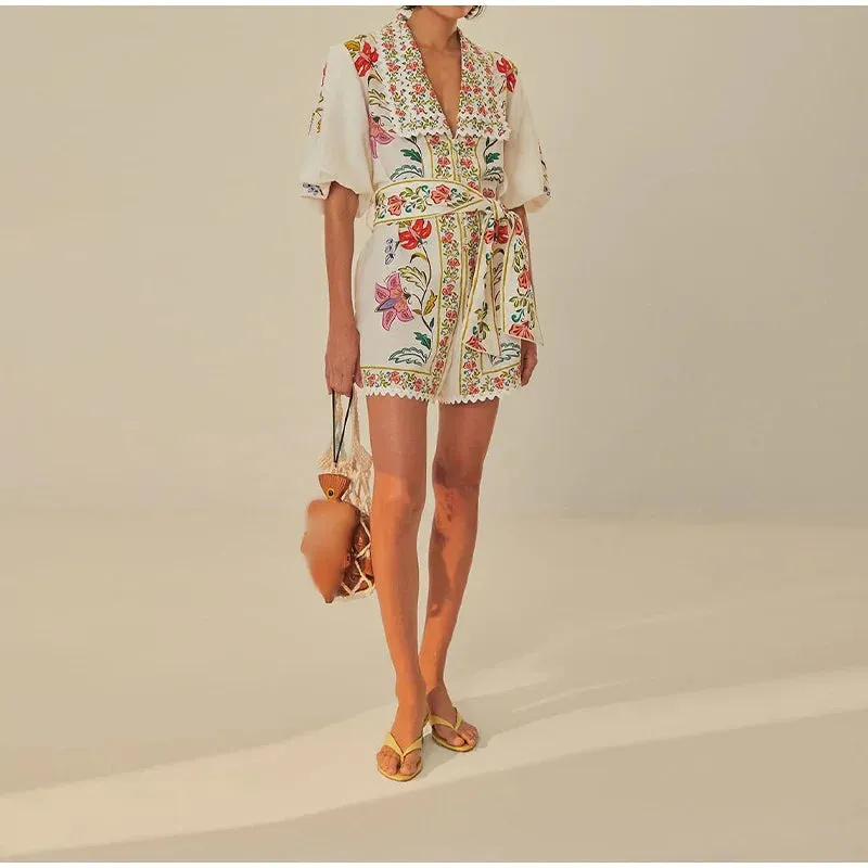 Vibrant Floral Print Lace-up V-neck Puff Short Sleeve Romper
