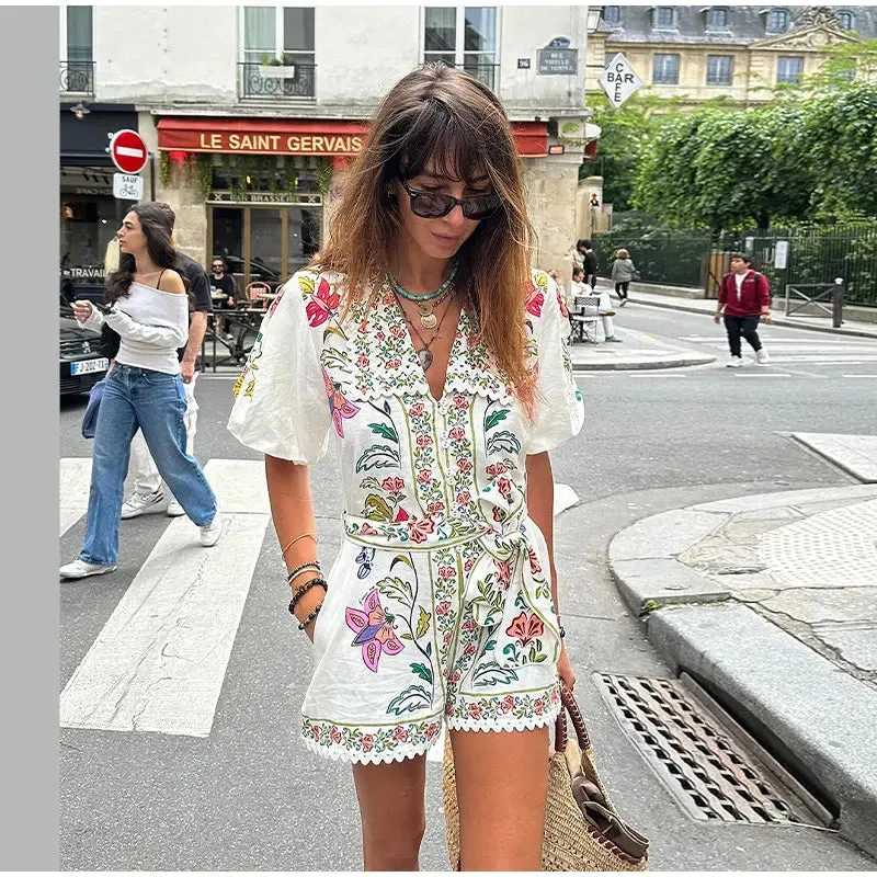 Vibrant Floral Print Lace-up V-neck Puff Short Sleeve Romper