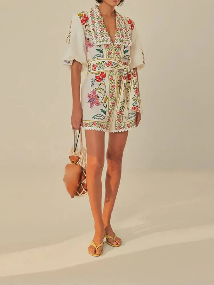 Vibrant Floral Print Lace-up V-neck Puff Short Sleeve Romper