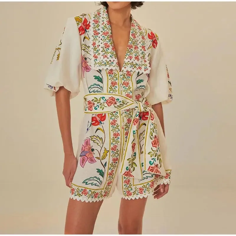 Vibrant Floral Print Lace-up V-neck Puff Short Sleeve Romper