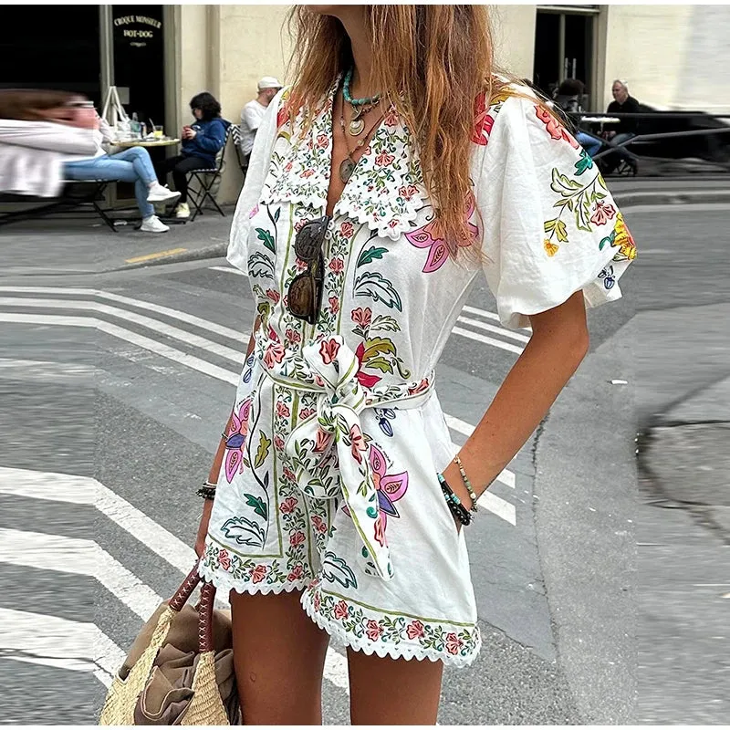 Vibrant Floral Print Lace-up V-neck Puff Short Sleeve Romper