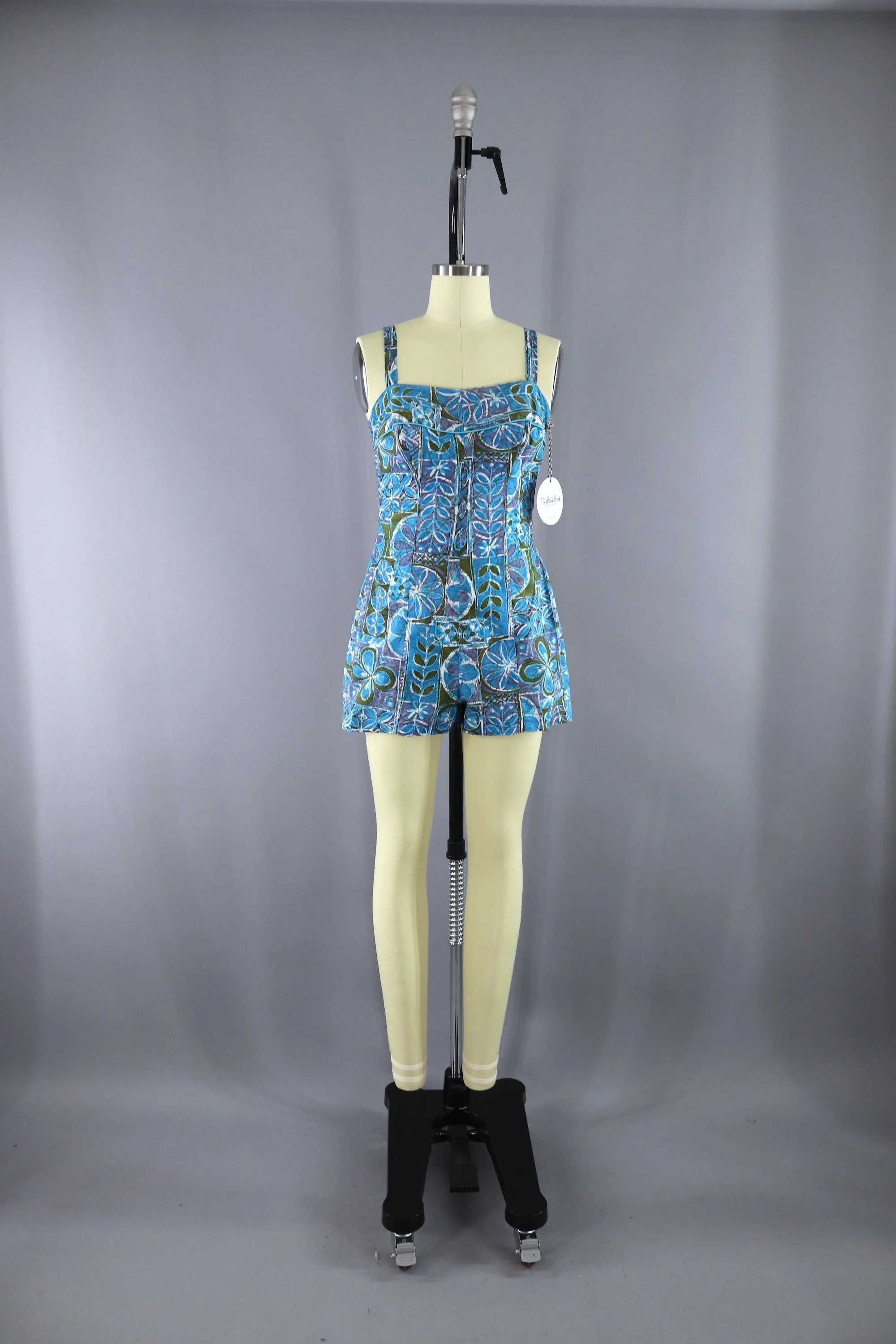 Vintage 1950s Cole Swim Suit / Blue Batik Cotton