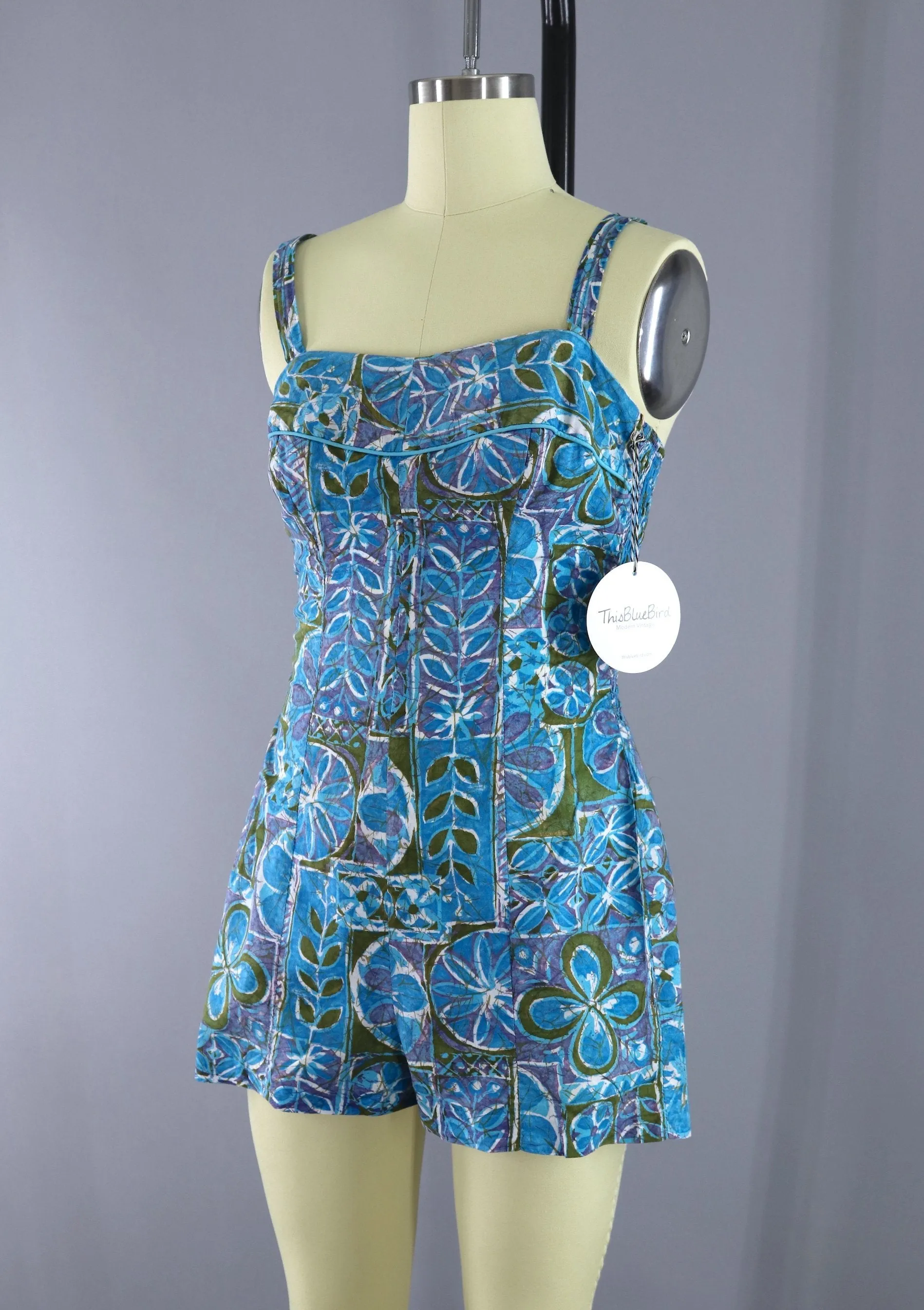 Vintage 1950s Cole Swim Suit / Blue Batik Cotton