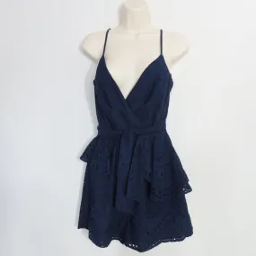 Yumi Kim Navy Blue Eyelet Romper Surplice V-neck with Peplum Waist Ruffle Size Small
